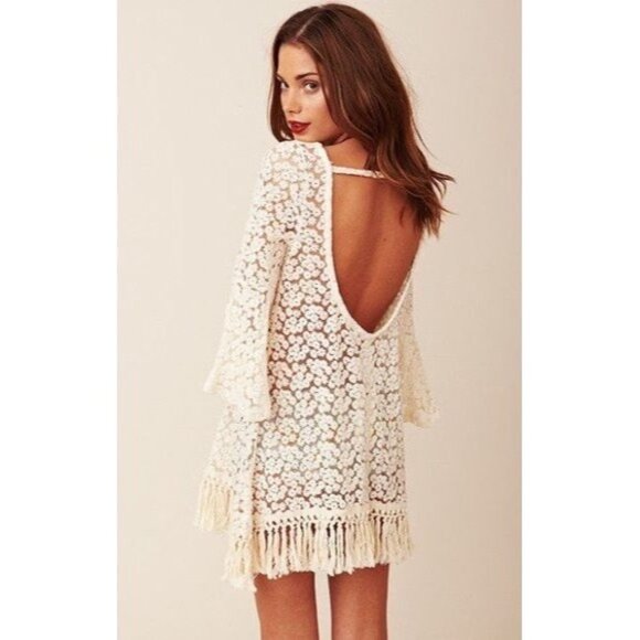 Gypsy Junkies X Free People Cream Lace Crochet Boho Fringe Tunic Mini Dress M/L - Picture 12 of 13